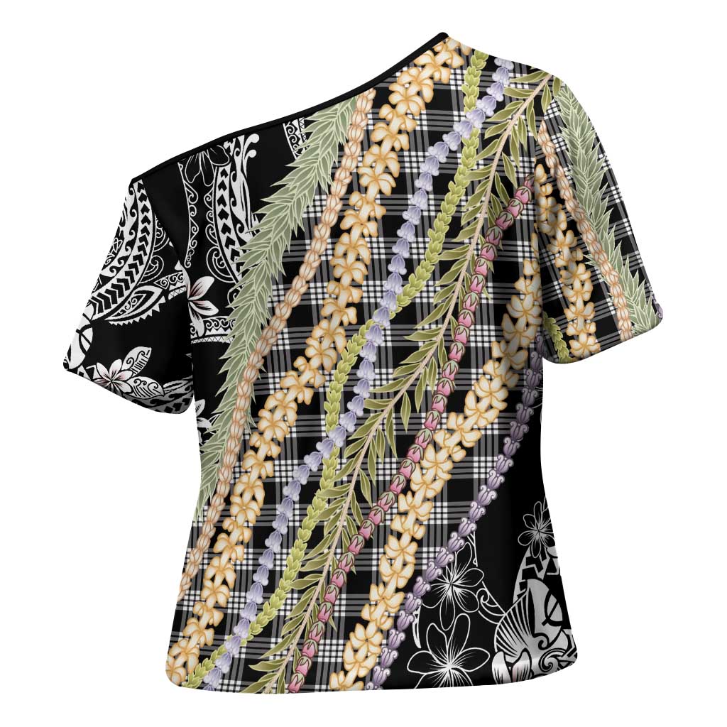 Black Palaka Hawaii Leis Cross Shoulder Shirt Hawaiian-plaid Elegant Tropical Vibes - Polynesian Pride