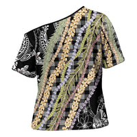 Black Palaka Hawaii Leis Cross Shoulder Shirt Hawaiian-plaid Elegant Tropical Vibes - Polynesian Pride