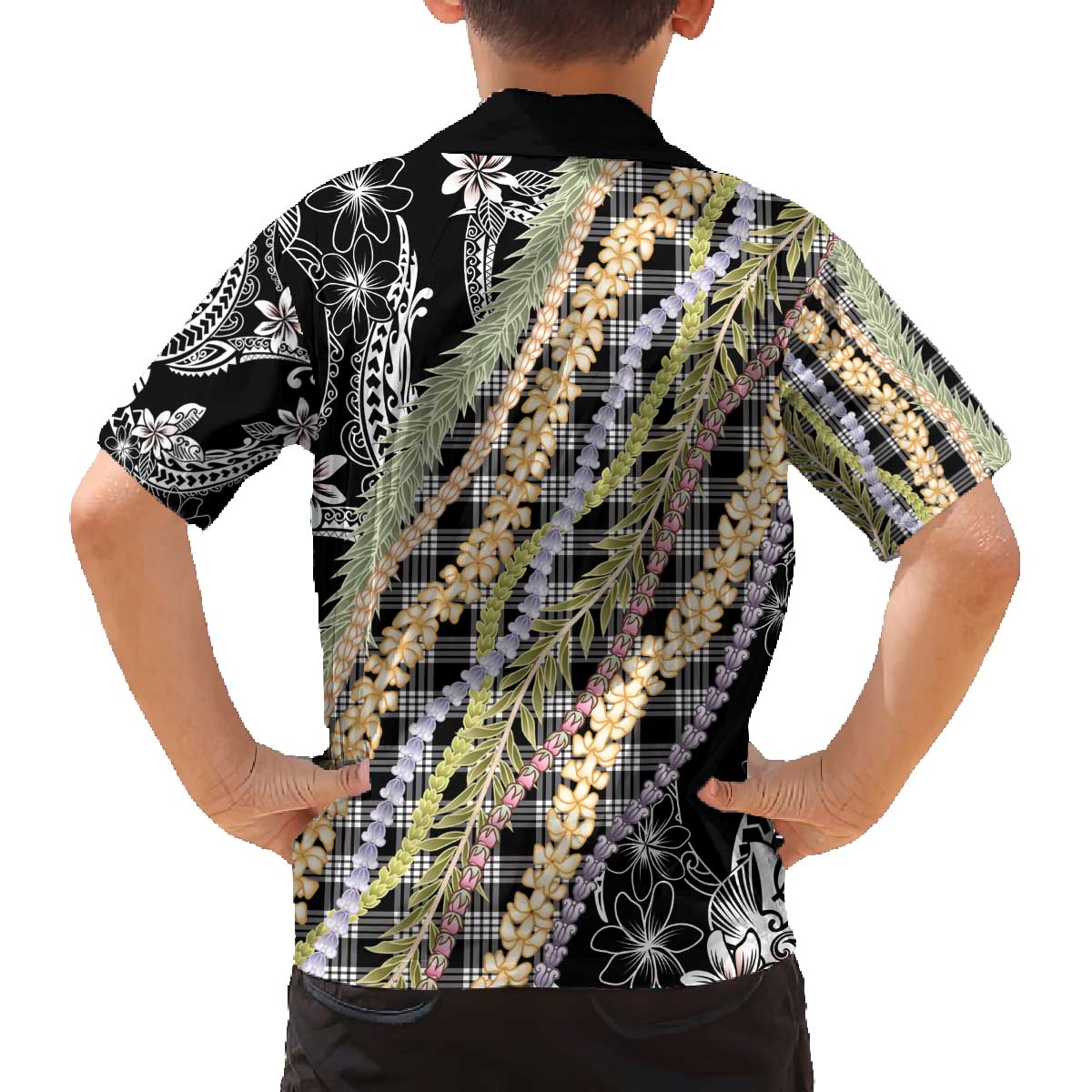 Black Palaka Hawaii Leis Family Matching Off The Shoulder Long Sleeve Dress and Hawaiian Shirt Hawaiian-plaid Elegant Tropical Vibes - Polynesian Pride