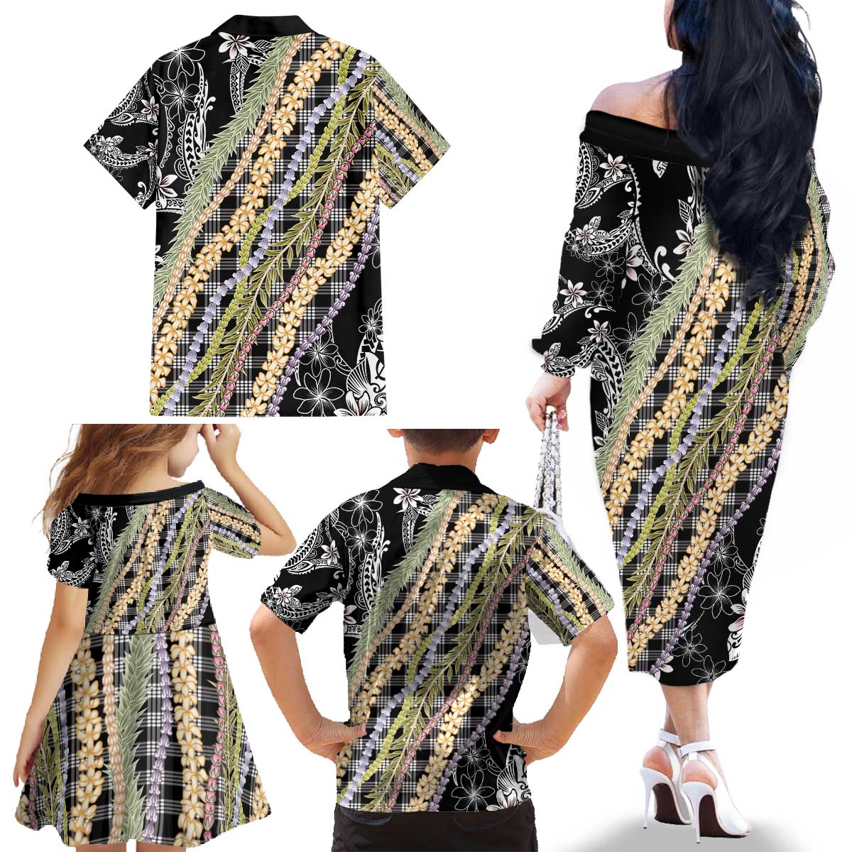 Black Palaka Hawaii Leis Family Matching Off The Shoulder Long Sleeve Dress and Hawaiian Shirt Hawaiian-plaid Elegant Tropical Vibes - Polynesian Pride