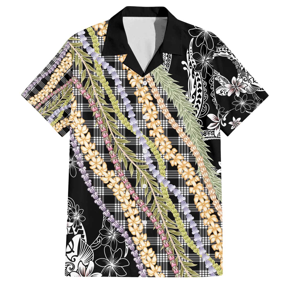 Black Palaka Hawaii Leis Family Matching Off The Shoulder Long Sleeve Dress and Hawaiian Shirt Hawaiian-plaid Elegant Tropical Vibes - Polynesian Pride