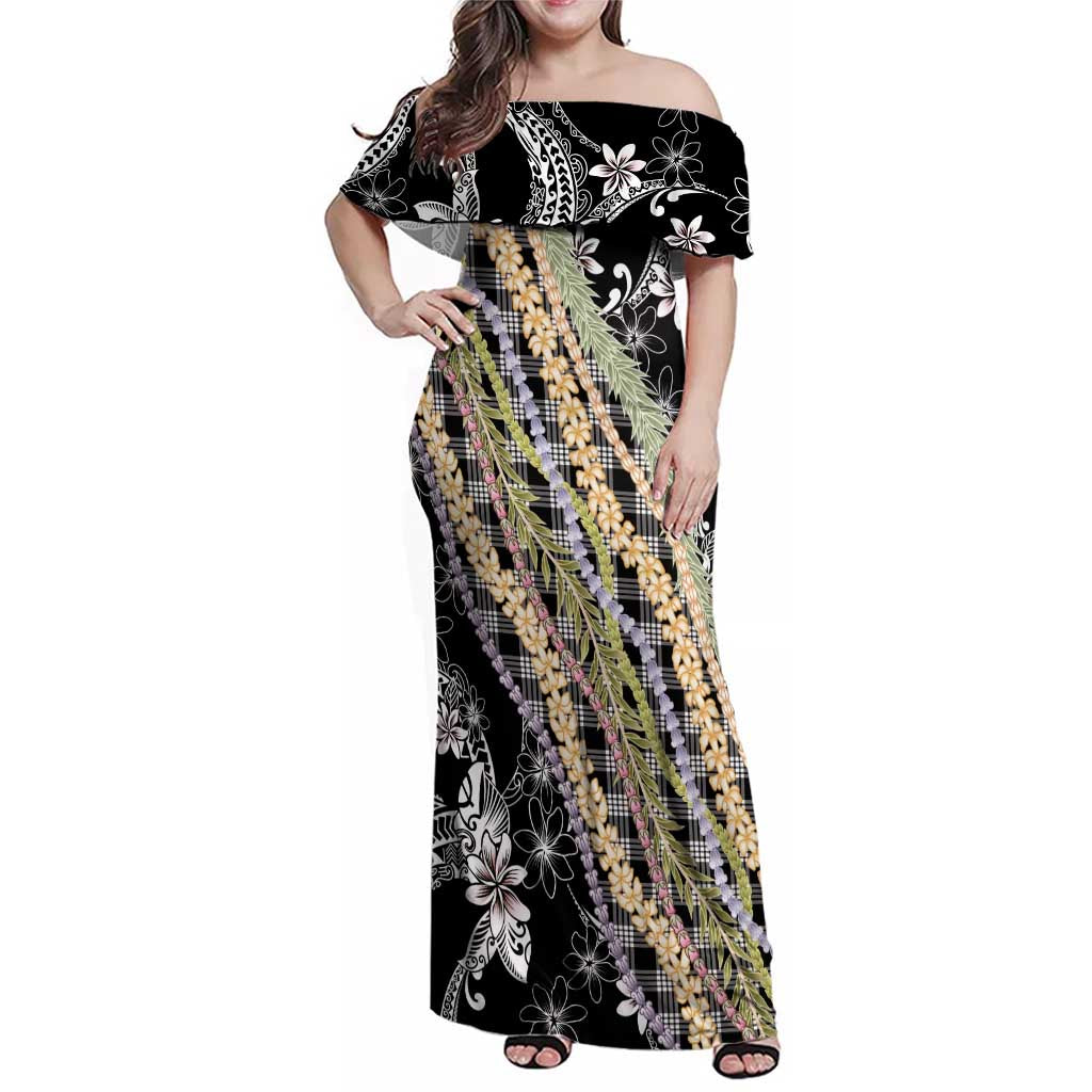 Black Palaka Hawaii Leis Family Matching Off Shoulder Maxi Dress and Hawaiian Shirt Hawaiian-plaid Elegant Tropical Vibes - Polynesian Pride
