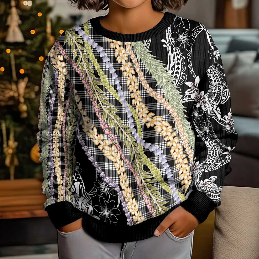 Black Palaka Hawaii Leis Kid Ugly Christmas Sweater Hawaiian-plaid Elegant Tropical Vibes - Polynesian Pride
