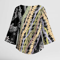 Black Palaka Hawaii Leis Kimono Sleeve Blouse Hawaiian-plaid Elegant Tropical Vibes - Polynesian Pride