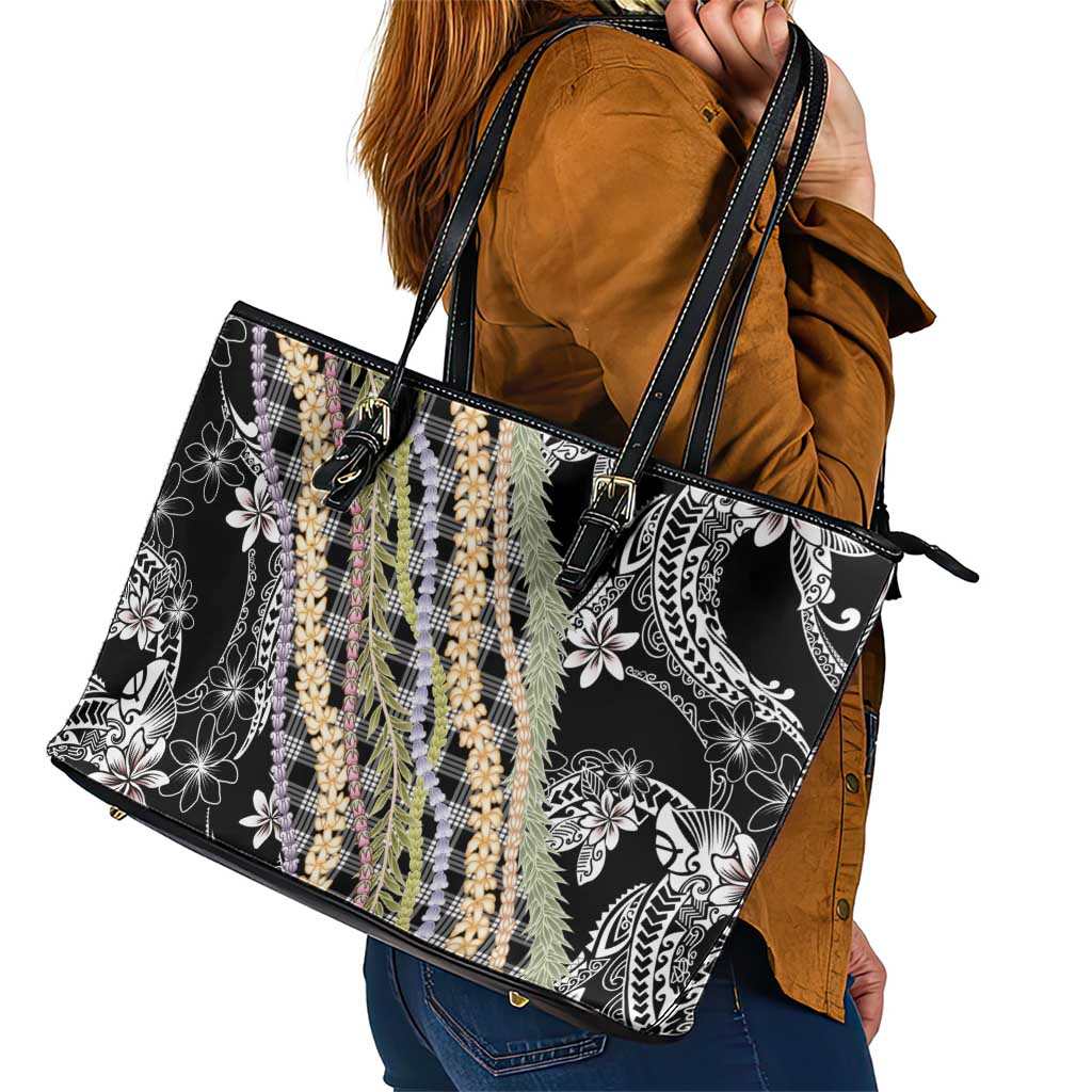 Black Palaka Hawaii Leis Leather Tote Bag Hawaiian-plaid Elegant Tropical Vibes - Polynesian Pride