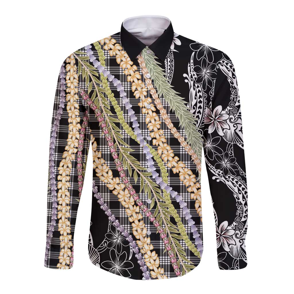 Black Palaka Hawaii Leis Long Sleeve Button Shirt Hawaiian-plaid Elegant Tropical Vibes - Polynesian Pride