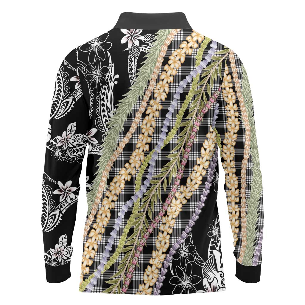 Black Palaka Hawaii Leis Long Sleeve Polo Shirt Hawaiian-plaid Elegant Tropical Vibes - Polynesian Pride
