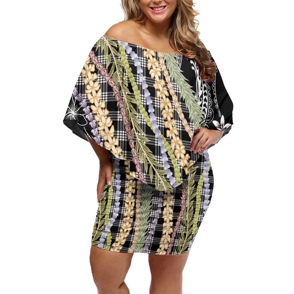 Black Palaka Hawaii Leis Off Shoulder Short Dress Hawaiian-plaid Elegant Tropical Vibes - Polynesian Pride