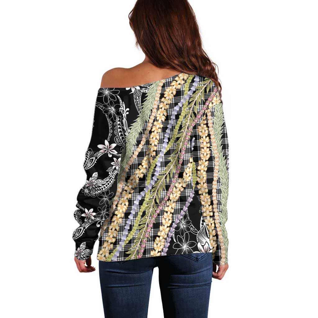 Black Palaka Hawaii Leis Off Shoulder Sweater Hawaiian-plaid Elegant Tropical Vibes - Polynesian Pride