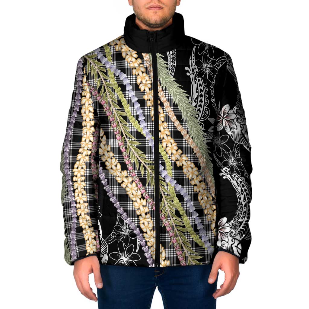 Black Palaka Hawaii Leis Padded Jacket Hawaiian-plaid Elegant Tropical Vibes - Polynesian Pride