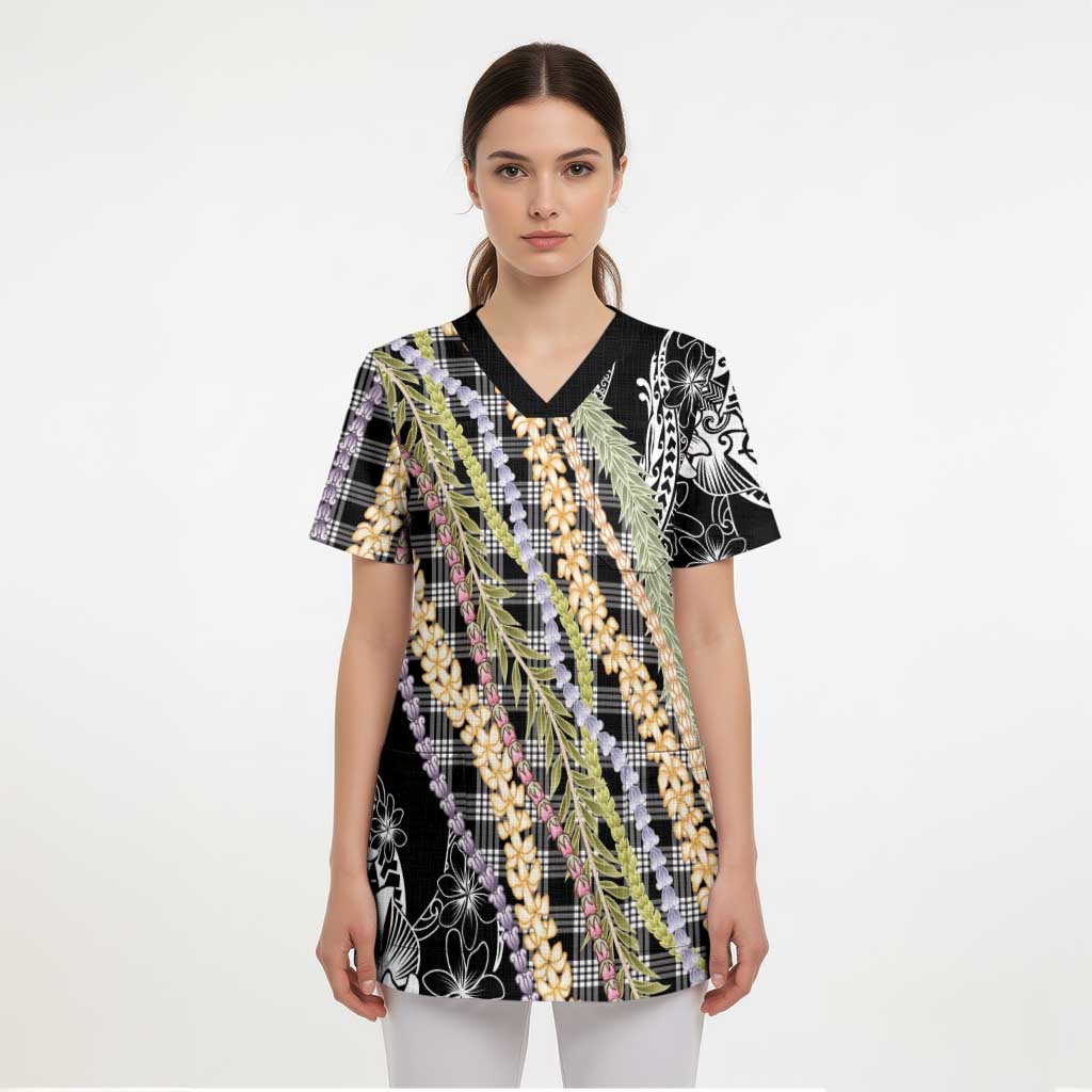 Black Palaka Hawaii Leis Scrub Top Hawaiian-plaid Elegant Tropical Vibes - Polynesian Pride