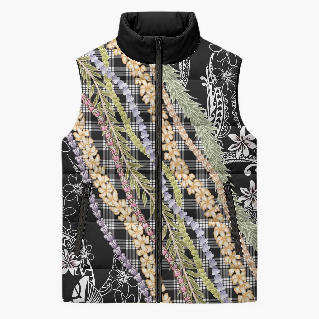Black Palaka Hawaii Leis Sleeveless Puffer Jacket Hawaiian-plaid Elegant Tropical Vibes - Polynesian Pride