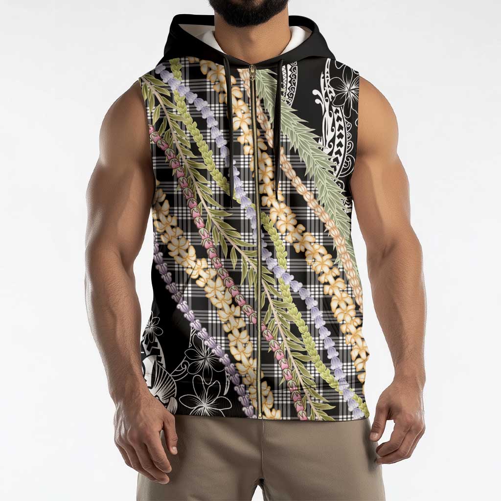 Black Palaka Hawaii Leis Sleeveless Zip Hoodie Hawaiian-plaid Elegant Tropical Vibes - Polynesian Pride
