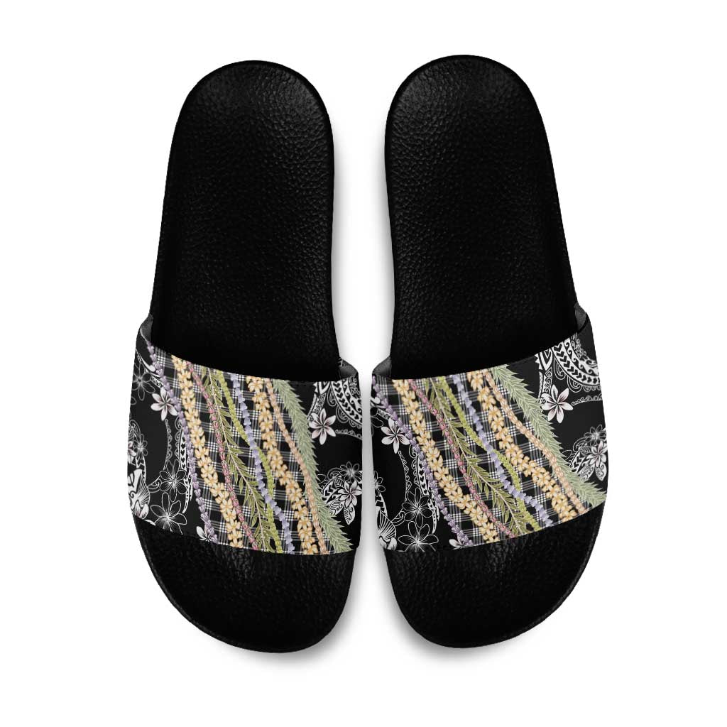 Black Palaka Hawaii Leis Slide Sandals Hawaiian-plaid Elegant Tropical Vibes - Polynesian Pride