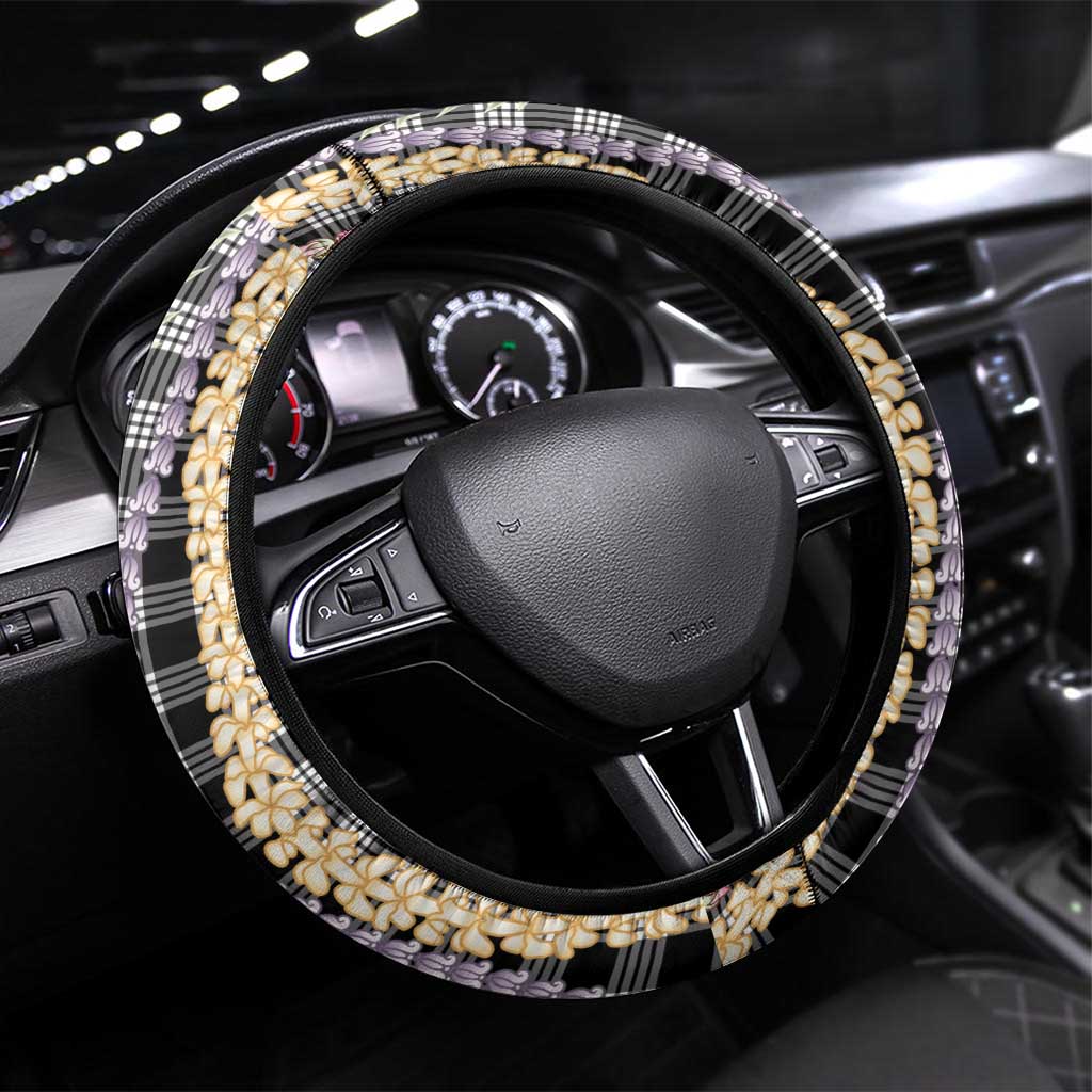 Black Palaka Hawaii Leis Steering Wheel Cover Hawaiian-plaid Elegant Tropical Vibes - Polynesian Pride
