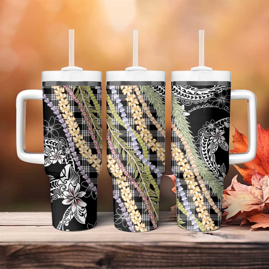 Black Palaka Hawaii Leis Tumbler With Handle Hawaiian-plaid Elegant Tropical Vibes - Polynesian Pride