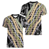 Black Palaka Hawaii Leis Women V-Neck T-Shirt Hawaiian-plaid Elegant Tropical Vibes - Polynesian Pride