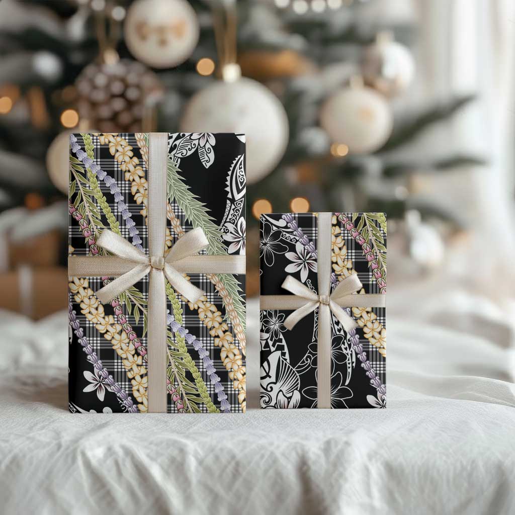 Black Palaka Hawaii Leis Wrapping Paper Hawaiian-plaid Elegant Tropical Vibes - Polynesian Pride