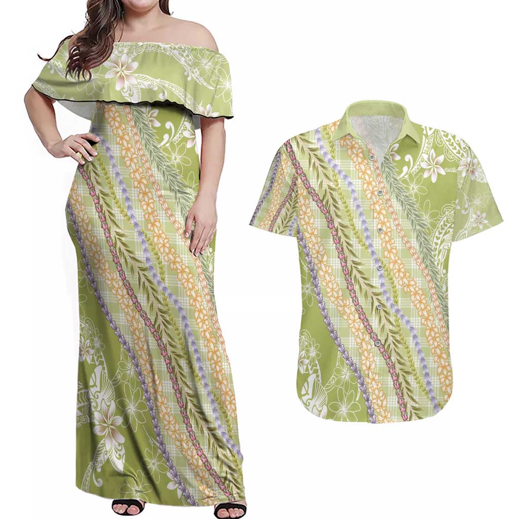 Green Palaka Hawaii Leis Couples Matching Off Shoulder Maxi Dress and Hawaiian Shirt Hawaiian-plaid Elegant Tropical Vibes - Polynesian Pride