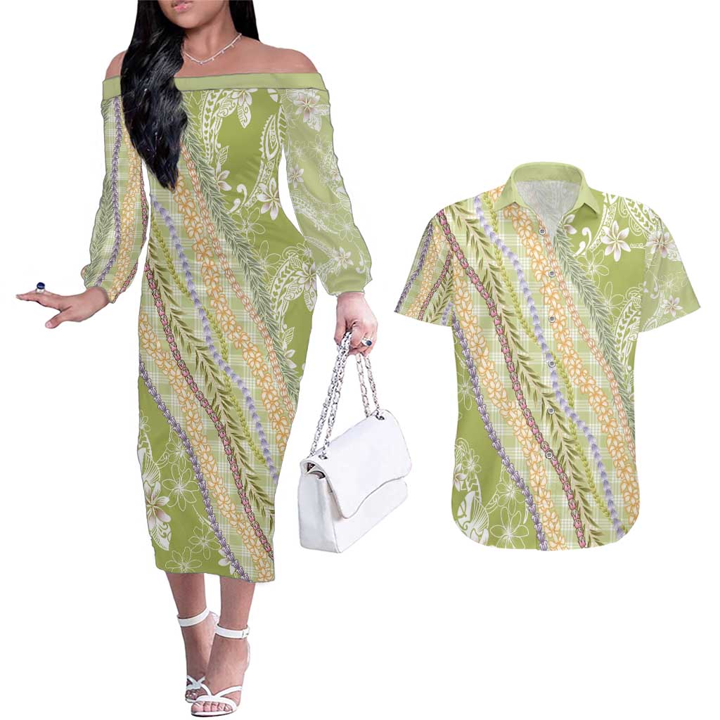 Green Palaka Hawaii Leis Couples Matching Off The Shoulder Long Sleeve Dress and Hawaiian Shirt Hawaiian-plaid Elegant Tropical Vibes - Polynesian Pride