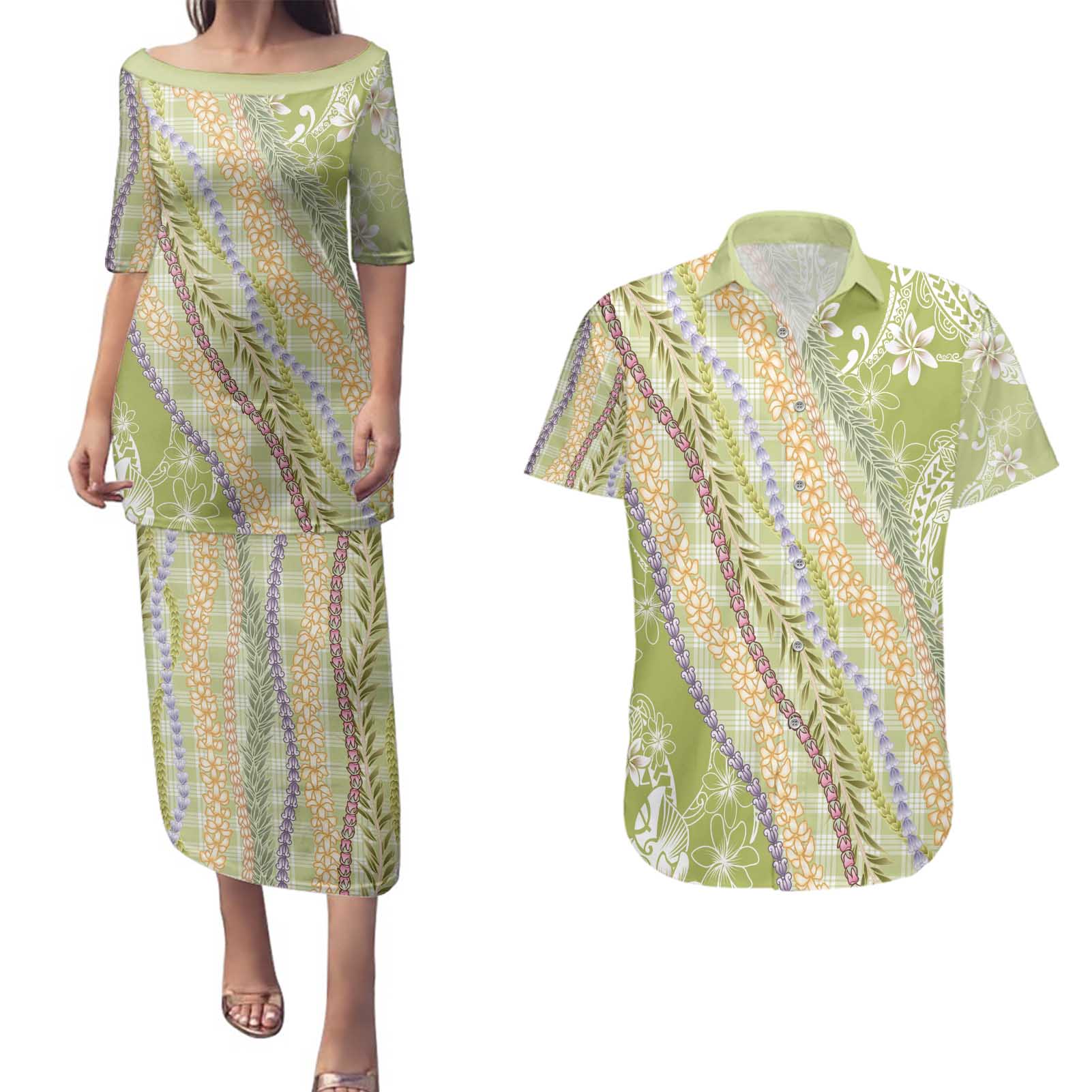 Green Palaka Hawaii Leis Couples Matching Puletasi and Hawaiian Shirt Hawaiian-plaid Elegant Tropical Vibes - Polynesian Pride