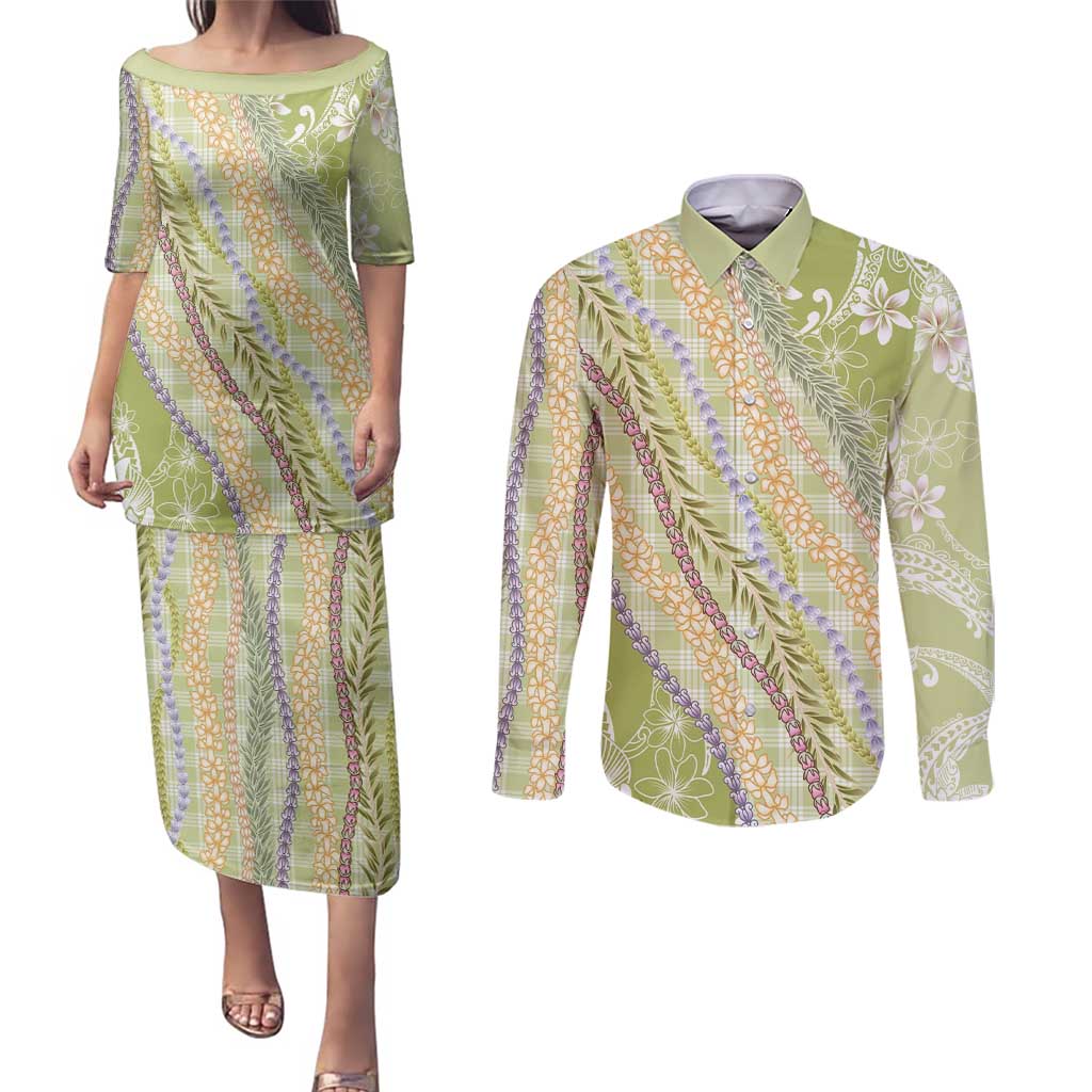 Green Palaka Hawaii Leis Couples Matching Puletasi and Long Sleeve Button Shirt Hawaiian-plaid Elegant Tropical Vibes - Polynesian Pride