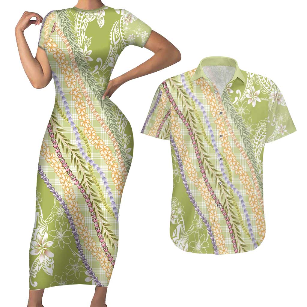 Green Palaka Hawaii Leis Couples Matching Short Sleeve Bodycon Dress and Hawaiian Shirt Hawaiian-plaid Elegant Tropical Vibes - Polynesian Pride