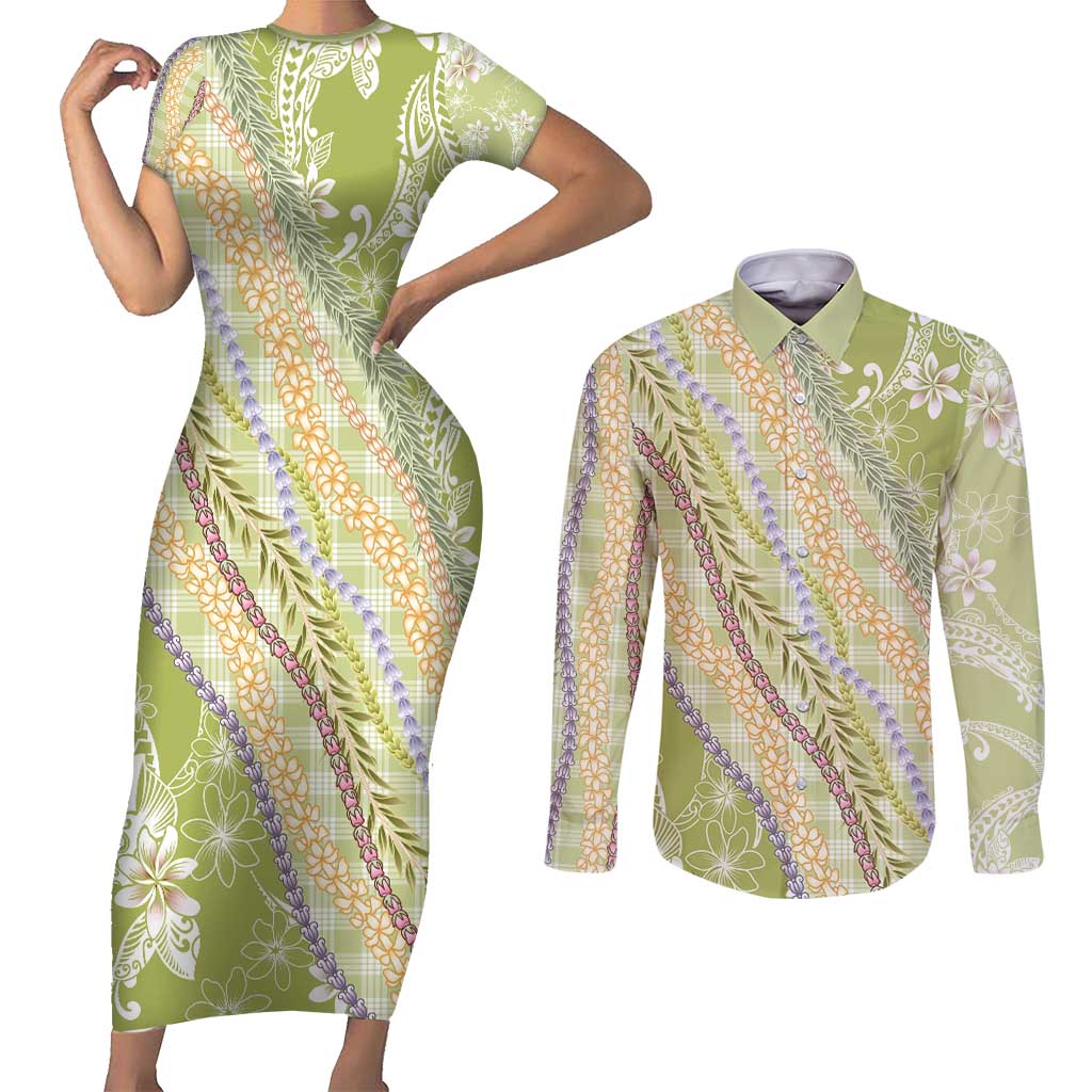 Green Palaka Hawaii Leis Couples Matching Short Sleeve Bodycon Dress and Long Sleeve Button Shirt Hawaiian-plaid Elegant Tropical Vibes - Polynesian Pride