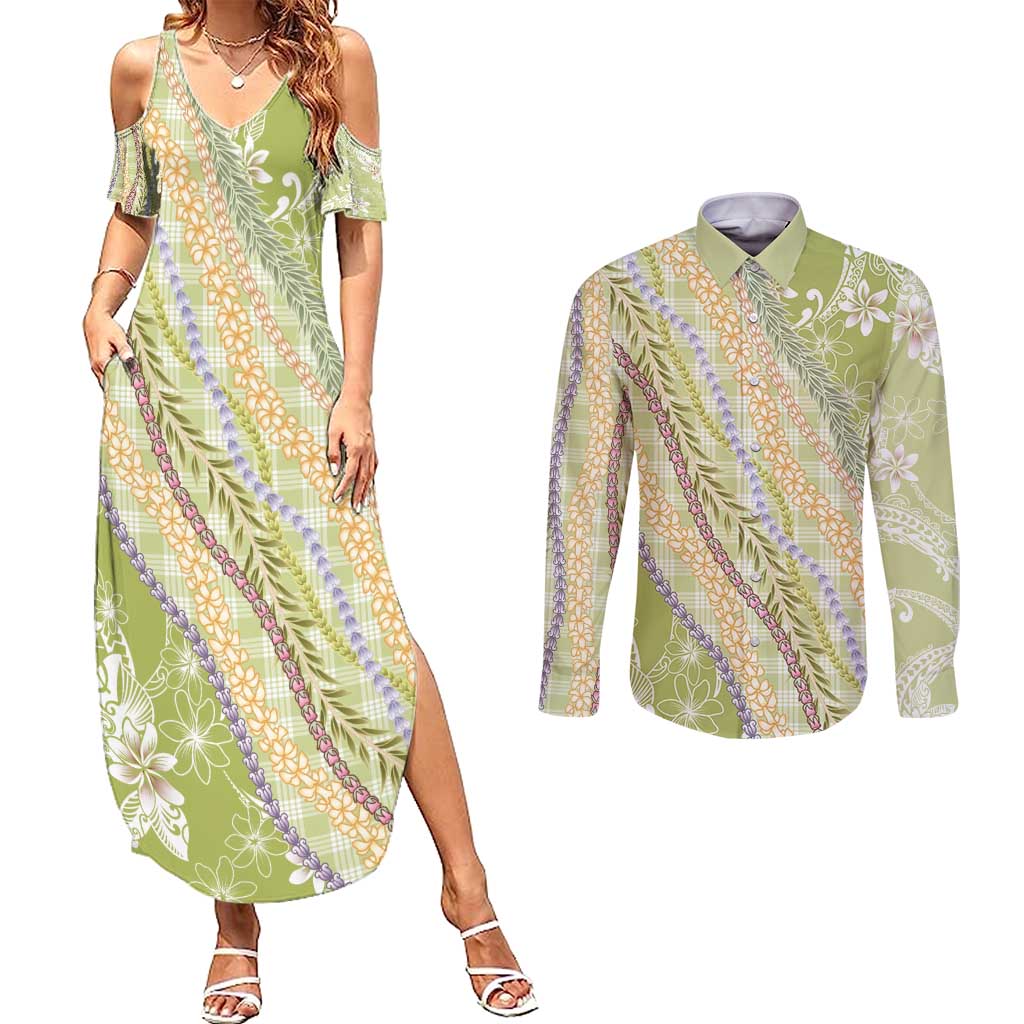 Green Palaka Hawaii Leis Couples Matching Summer Maxi Dress and Long Sleeve Button Shirt Hawaiian-plaid Elegant Tropical Vibes - Polynesian Pride