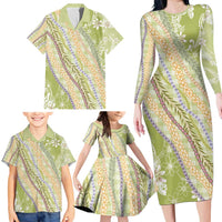 Green Palaka Hawaii Leis Family Matching Long Sleeve Bodycon Dress and Hawaiian Shirt Hawaiian-plaid Elegant Tropical Vibes - Polynesian Pride