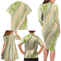Green Palaka Hawaii Leis Family Matching Long Sleeve Bodycon Dress and Hawaiian Shirt Hawaiian-plaid Elegant Tropical Vibes - Polynesian Pride