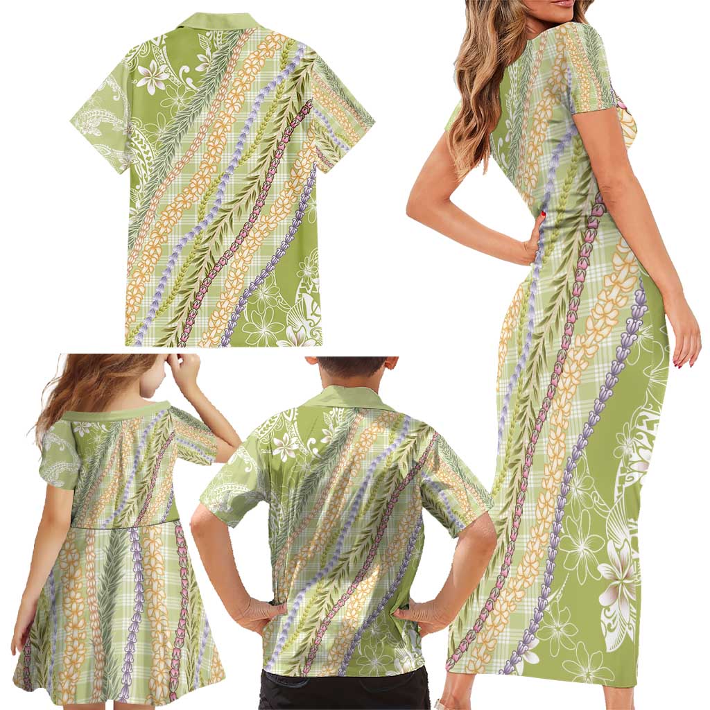 Green Palaka Hawaii Leis Family Matching Short Sleeve Bodycon Dress and Hawaiian Shirt Hawaiian-plaid Elegant Tropical Vibes - Polynesian Pride