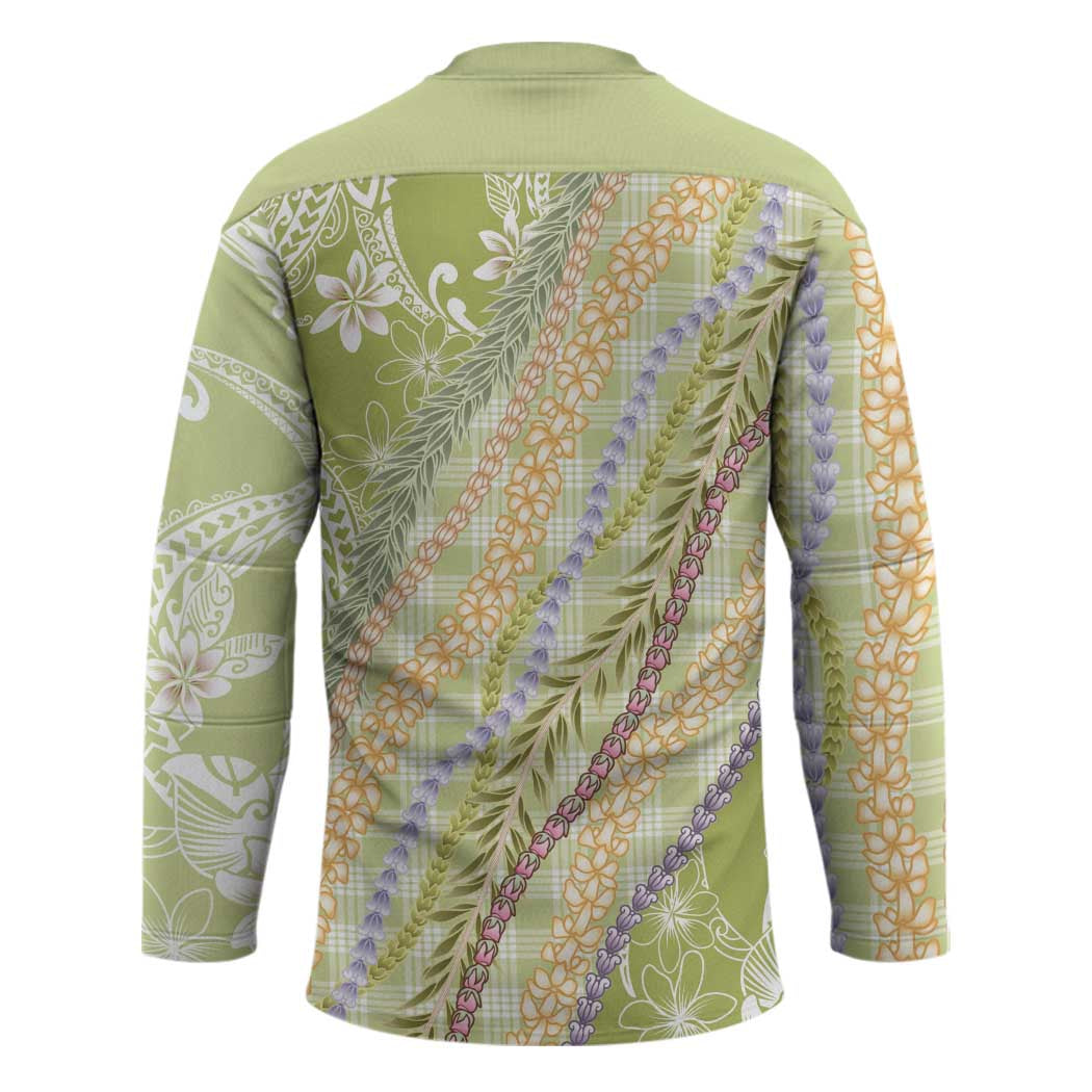 Green Palaka Hawaii Leis Hockey Jersey Hawaiian-plaid Elegant Tropical Vibes - Polynesian Pride