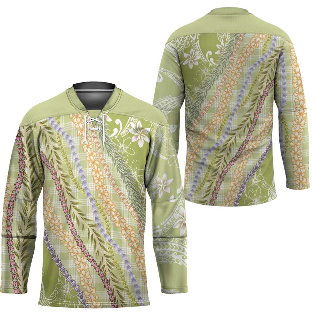 Green Palaka Hawaii Leis Hockey Jersey Hawaiian-plaid Elegant Tropical Vibes - Polynesian Pride