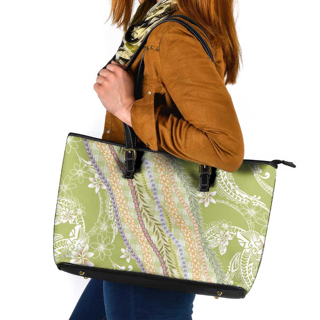 Green Palaka Hawaii Leis Leather Tote Bag Hawaiian-plaid Elegant Tropical Vibes - Polynesian Pride