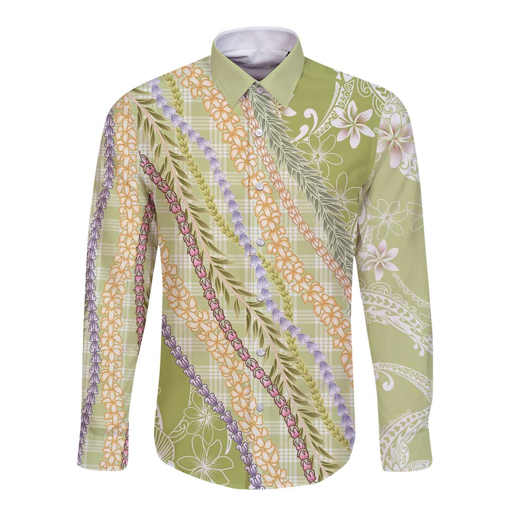 Green Palaka Hawaii Leis Long Sleeve Button Shirt Hawaiian-plaid Elegant Tropical Vibes - Polynesian Pride