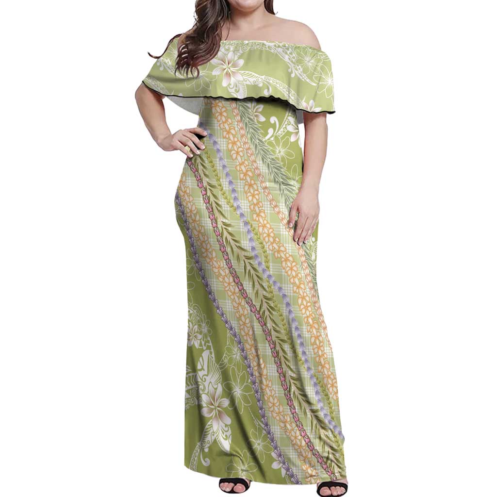 Green Palaka Hawaii Leis Off Shoulder Maxi Dress Hawaiian-plaid Elegant Tropical Vibes - Polynesian Pride