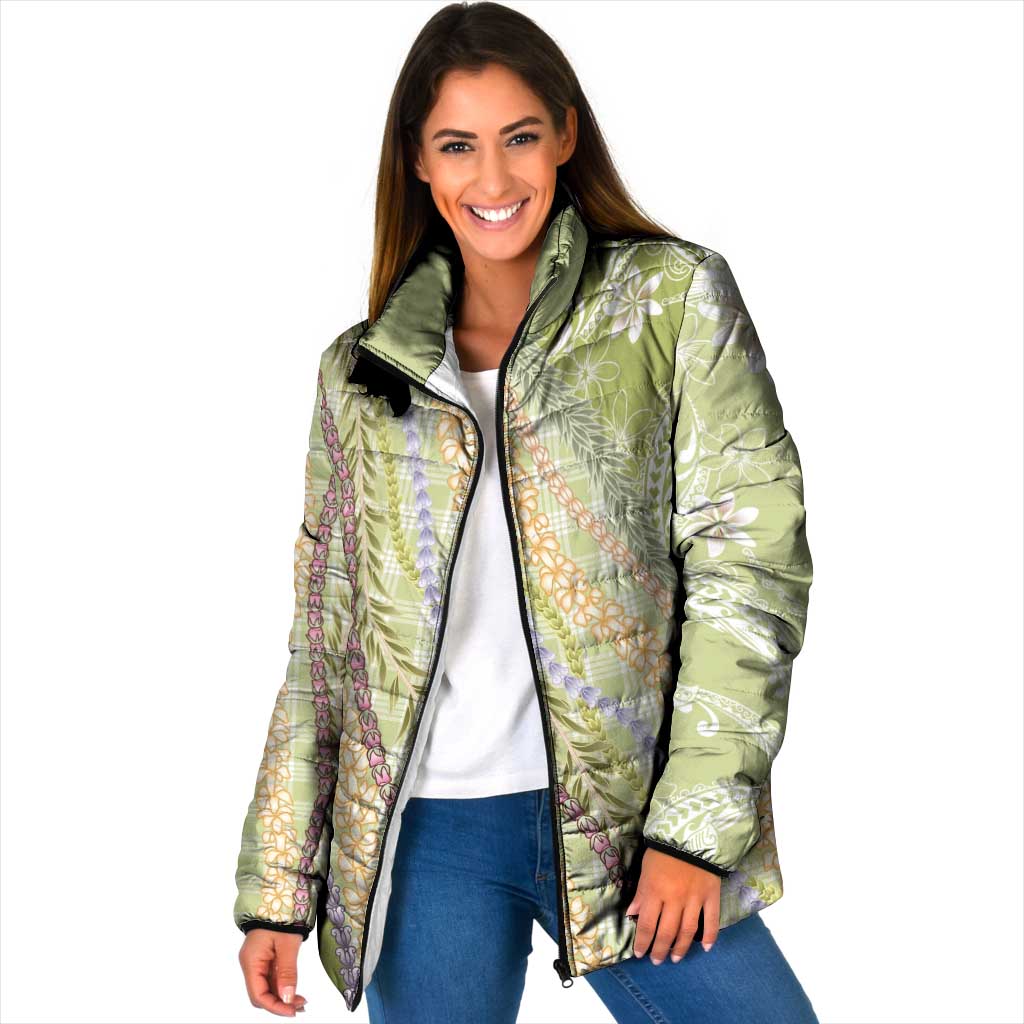 Green Palaka Hawaii Leis Padded Jacket Hawaiian-plaid Elegant Tropical Vibes - Polynesian Pride