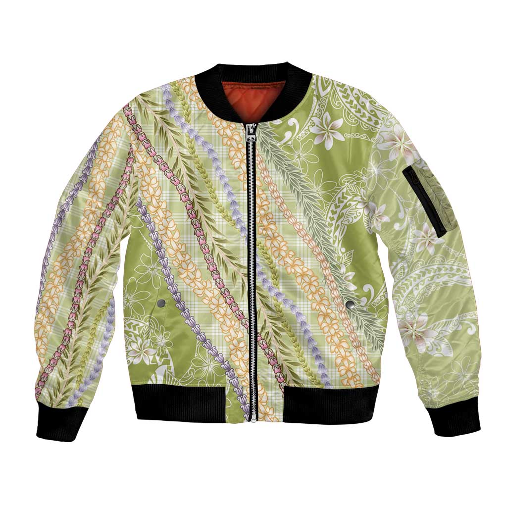 Green Palaka Hawaii Leis Sleeve Zip Bomber Jacket Hawaiian-plaid Elegant Tropical Vibes - Polynesian Pride