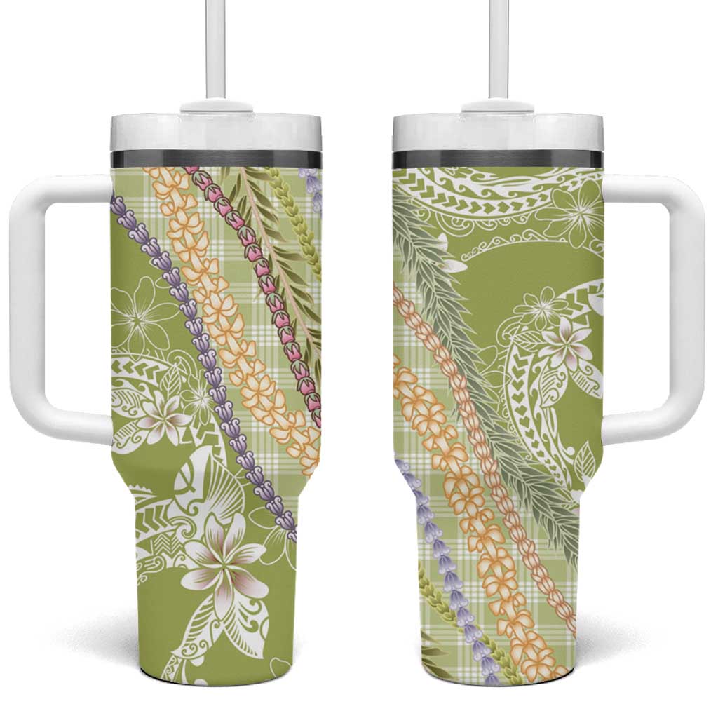Green Palaka Hawaii Leis Tumbler With Handle Hawaiian-plaid Elegant Tropical Vibes - Polynesian Pride