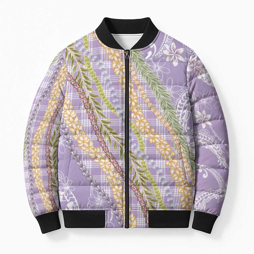 Purple Palaka Hawaii Leis Bomber Puffer Jacket Hawaiian-plaid Elegant Tropical Vibes - Polynesian Pride