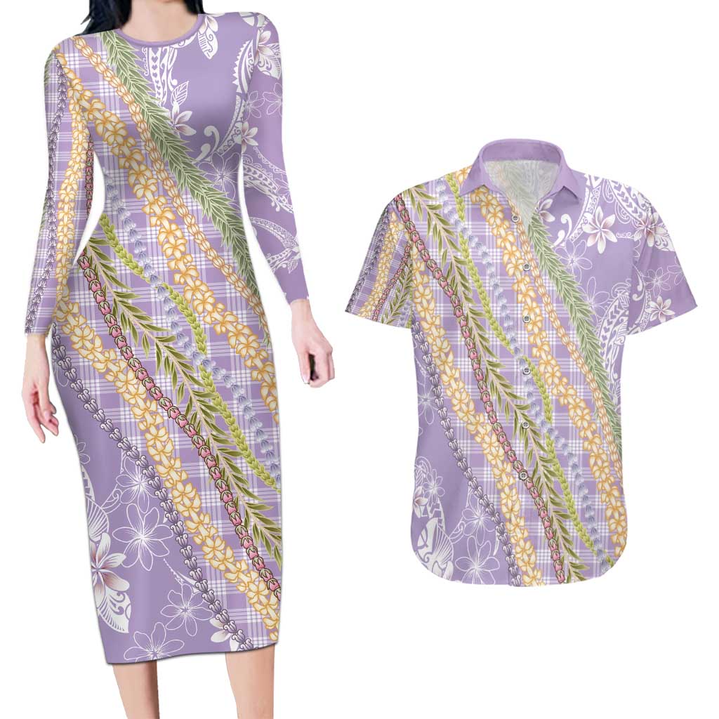 Purple Palaka Hawaii Leis Couples Matching Long Sleeve Bodycon Dress and Hawaiian Shirt Hawaiian-plaid Elegant Tropical Vibes - Polynesian Pride