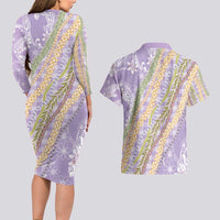 Purple Palaka Hawaii Leis Couples Matching Long Sleeve Bodycon Dress and Hawaiian Shirt Hawaiian-plaid Elegant Tropical Vibes - Polynesian Pride