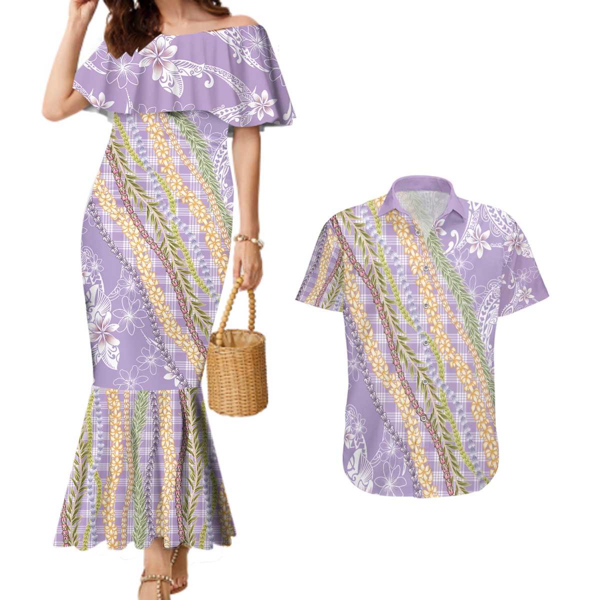 Purple Palaka Hawaii Leis Couples Matching Mermaid Dress and Hawaiian Shirt Hawaiian-plaid Elegant Tropical Vibes - Polynesian Pride