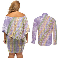 Purple Palaka Hawaii Leis Couples Matching Off Shoulder Short Dress and Long Sleeve Button Shirt Hawaiian-plaid Elegant Tropical Vibes - Polynesian Pride
