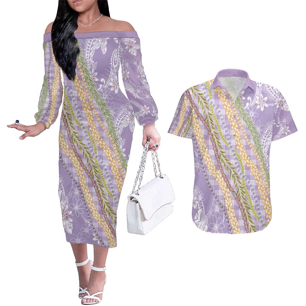 Purple Palaka Hawaii Leis Couples Matching Off The Shoulder Long Sleeve Dress and Hawaiian Shirt Hawaiian-plaid Elegant Tropical Vibes - Polynesian Pride