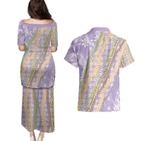 Purple Palaka Hawaii Leis Couples Matching Puletasi and Hawaiian Shirt Hawaiian-plaid Elegant Tropical Vibes - Polynesian Pride