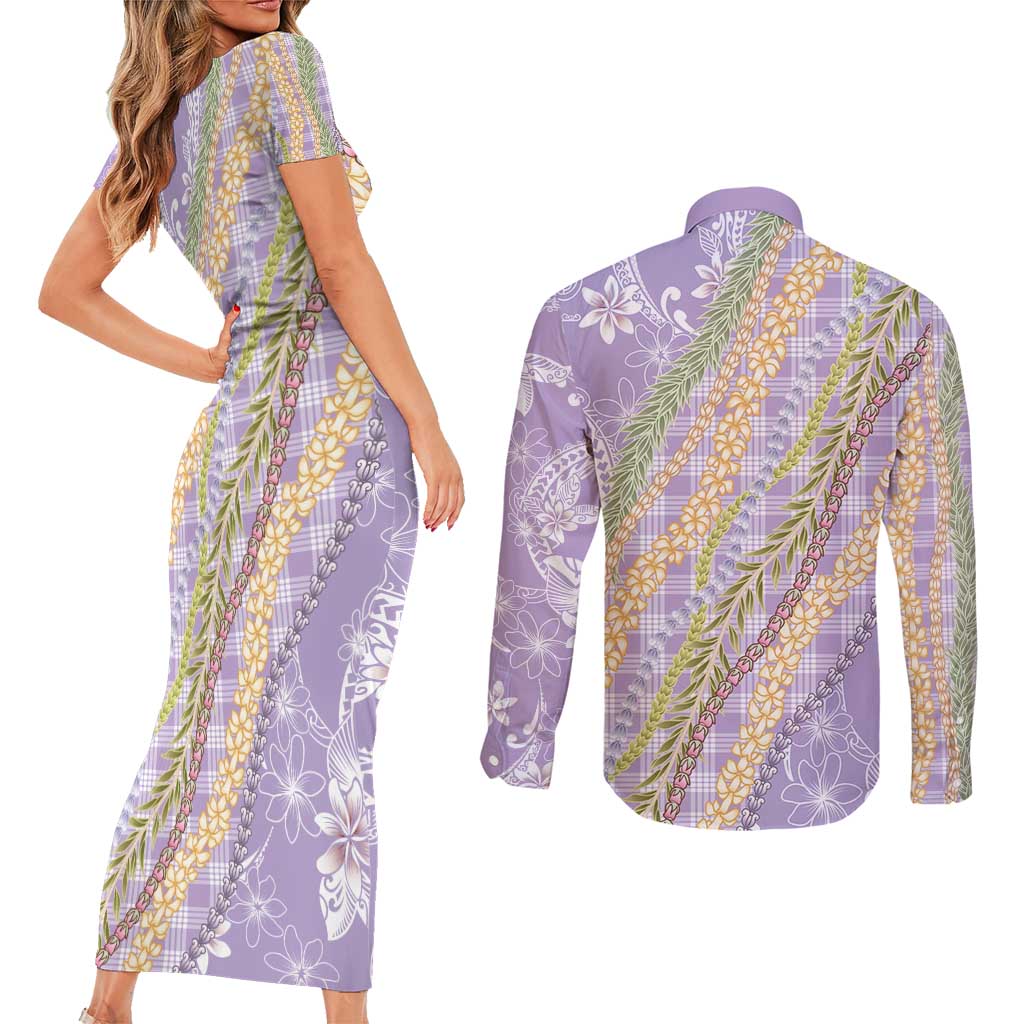 Purple Palaka Hawaii Leis Couples Matching Short Sleeve Bodycon Dress and Long Sleeve Button Shirt Hawaiian-plaid Elegant Tropical Vibes - Polynesian Pride