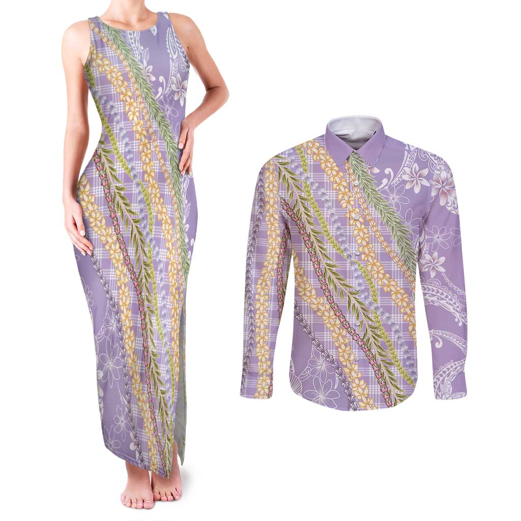 Purple Palaka Hawaii Leis Couples Matching Tank Maxi Dress and Long Sleeve Button Shirt Hawaiian-plaid Elegant Tropical Vibes - Polynesian Pride