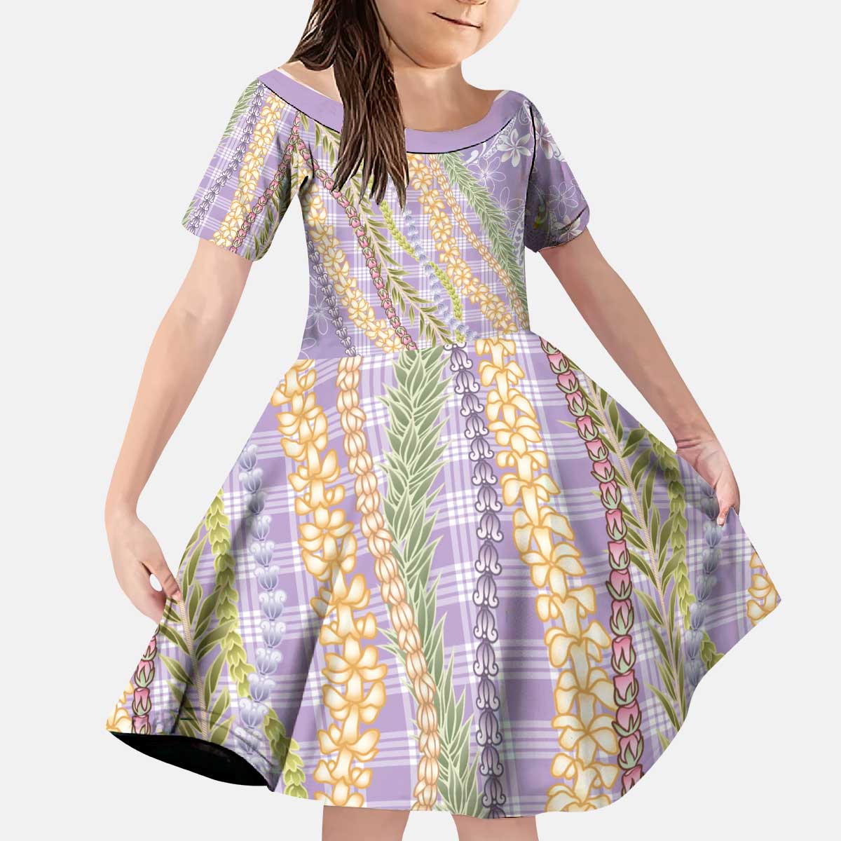 Purple Palaka Hawaii Leis Kid Short Sleeve Dress Hawaiian-plaid Elegant Tropical Vibes - Polynesian Pride